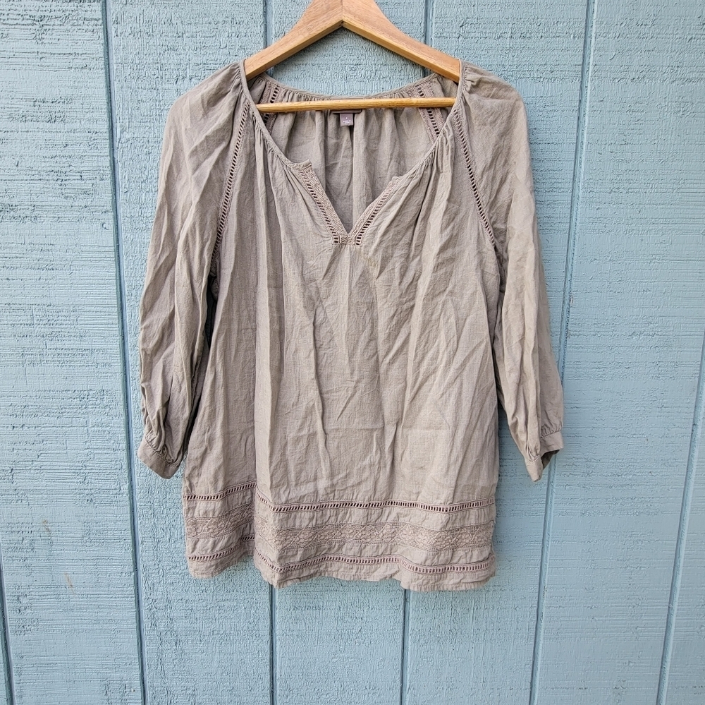 J Jill Linen Blend Blend Embroidered Lace Peasant Blouse sz S Taupe Brown